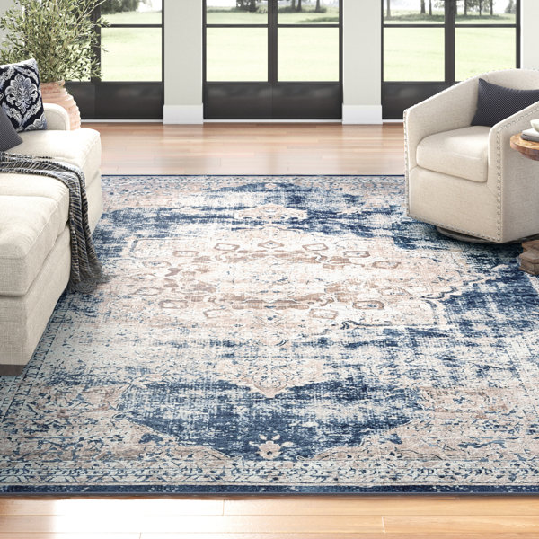 Three Posts Landes Oriental Area Rug in Dark Blue/Beige & Reviews